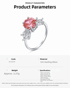 Detailed specs of 925 sterling silver ring with pink ice-cut hexagonal zircon