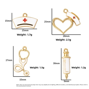 Detailed view of medical charms showing dimensions for stethoscope and nurse hat pendants