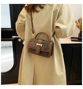 Detail of leopard print crossbody bag with metal buckle and shoulder strap worn by model