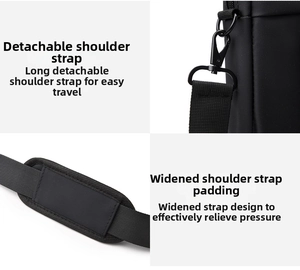 Detail of detachable shoulder strap with padded cushion and matte black hooks
