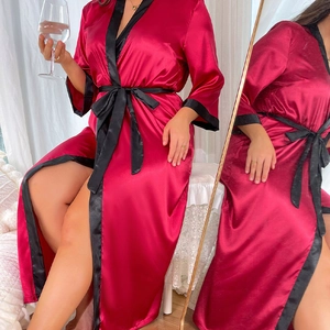 Elegant red satin long nightgown with black trim and belt for women loungewear
