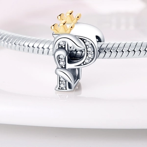 Detailed view of silver letter P charm with gold crown and crystals on snake chain