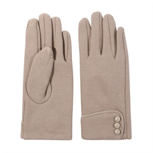 Detail showing conductive touch screen fingertips and button decor on khaki fleece gloves