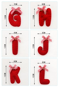 Detailed dimensions of red felt Christmas alphabet ornaments with bows and bells