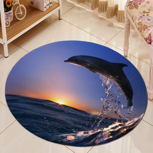 Detail van rond flanellen vloerkleed met zonsondergang dolfijnprint en verstevigde randen