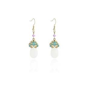Detail of Chinese style earrings with gold hooks, purple beads and white drop pendants