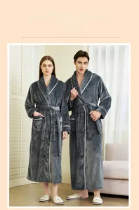 Close-up of thick grey flannel robes showing shawl collar and soft texture