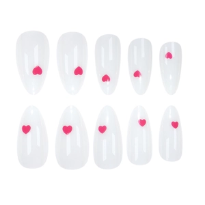 Minimalist almond press-on nails with white jelly base and 3D pink heart accents