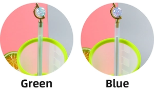 Detail of colorful faceted globe topper on gel pen with gold stand in green and blue