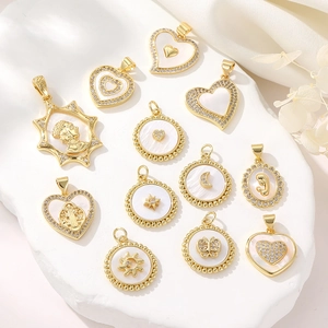 Golden heart and star mother of pearl charms with zircon accents for DIY jewelry making