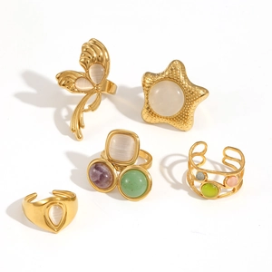 French vintage gold plated stainless steel ring set with cat eye stones and crystals