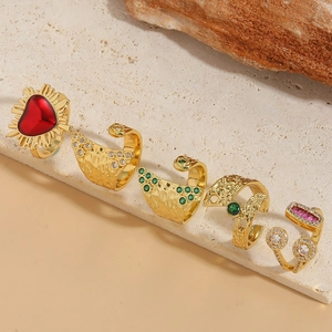 Vintage Heart Open Rings For Women Copper Zircon Enamel Hammered Texture Adjustable Jewelry Aesthetic