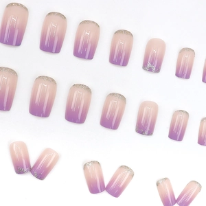Purple ombré press-on nails with silver glitter gradient in squoval shape style