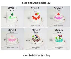Miniature artificial cake charm collection with fruit toppings and dimensions shown