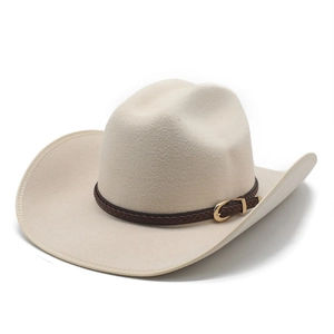 Detail of cream felt cowboy hat with dark brown braided band and gold buckle