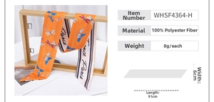 Detail view of a 91cm orange dragonfly polyester scarf with product dimensions and specs