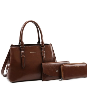 Three-piece set of dark brown leather tote, wallet and clutch in vintage oil wax finish