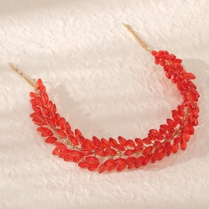 Exquisite bridal headband with red crystals and gold wire beads for wedding party hair styling