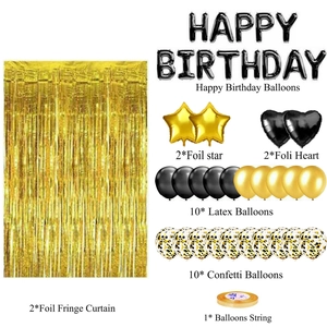 Detail list of black and gold birthday party balloon set with foil stars and tinsel curtains