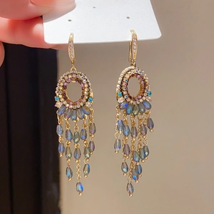 Detailed macro of vintage s925 silver earrings with blue crystal drops and long tassels