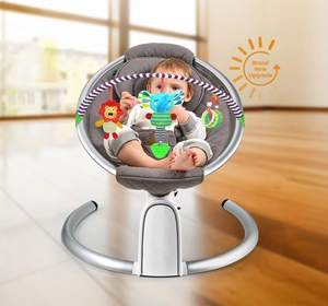 Close-up of baby bouncer with hanging plush toys and secure gray quilted seating