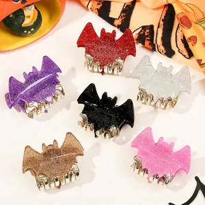 Halloween bat-shaped hair claws in six glitter colors for women festive hair styling