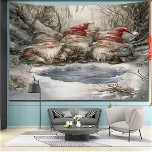Detail view of 300x180cm Christmas gnome tapestry showing large size and festive snow forest