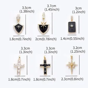 Collection of black and gold shield cross pendants with detailed dimensions and sizes