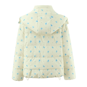 Detail view of floral hooded cotton jacket with blue flower pattern and back quilting
