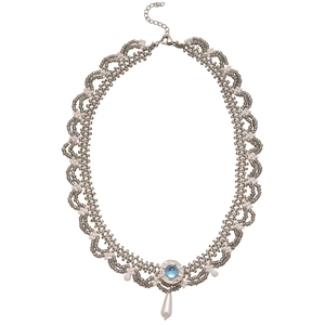 Ethnic style woven necklace with blue stone and white teardrop pearl pendant