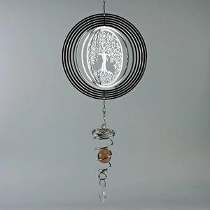 15cm stainless steel wind spinner with Tree of Life design and brown bead spiral
