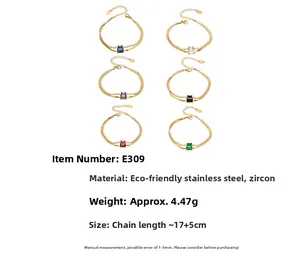 Detailed specs of stainless steel bracelets with multi-color cubic zirconia in gold plating