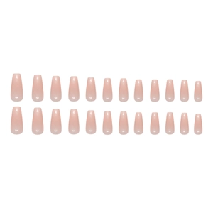 Long coffin press-on nails set with glossy pink gradient design on white background