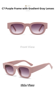 Détails des lunettes de soleil carrées rétro en plastique rose poudré avec verres dégradés
