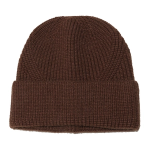 Close-up of deep brown chunky knit beanie showing thick ribbed texture and wide fold-over cuff