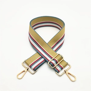 Adjustable striped canvas shoulder strap with gold-tone metal hooks for handbags