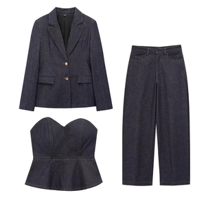 Women Denim Blazer Peplum Bustier Top And Wide Leg Pants Dark Blue Streetwear Outfit Elegant Street Style Fashion