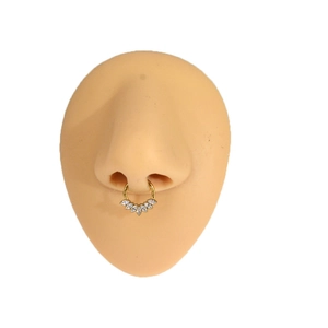 F136 titanium gold septum ring with 7 marquise-cut zircon stones on model display