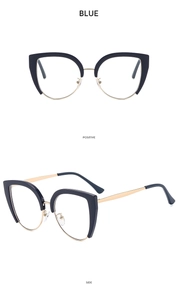 Detailed views showing blue cat-eye frames with gold metal temples in front and side angles