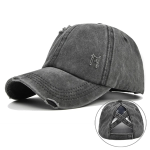 Washed Cotton Distressed Baseball Cap For Women High Ponytail Messy Bun Criss Cross Adjustable Sun Visor