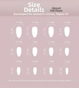 Size chart showing 12 sizes of almond-shaped false nails with length and width data