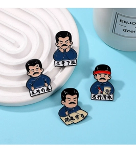 Detail of four Lu Xun cartoon enamel pins featuring humorous anti-involution slogans