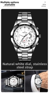 Close-up detail of WEIGUAN silver business watch with three chronograph dials and white face