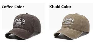 Detail of embroidered vintage washed baseball caps in coffee and khaki cotton canvas