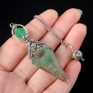 Antique silver hex crystal pendulum with green resin gemstones and copper wire wrapping