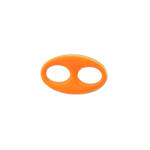 Detailed close-up of orange enamel pig nose coffee bean link in polished gold finish