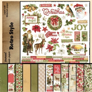 Detailed view of vintage Christmas scrapbook paper kit with festive holiday patterns