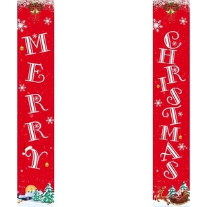 Dettaglio di striscioni rossi per porte Merry Christmas con fiocchi di neve e scene festive
