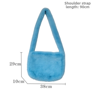 Blue faux fur shoulder bag dimensions 38x29x10cm with a 90cm strap length details