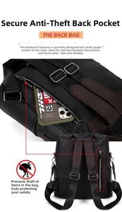 Close-up of secure anti-theft back zipper pocket on black PU leather backpack